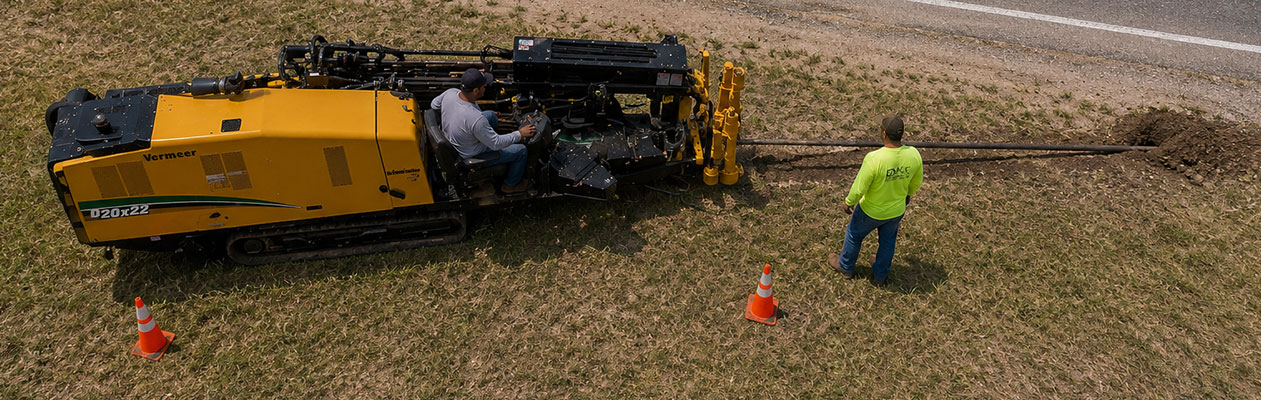 Underground road boring project with HDD drilling rig and construction crew
