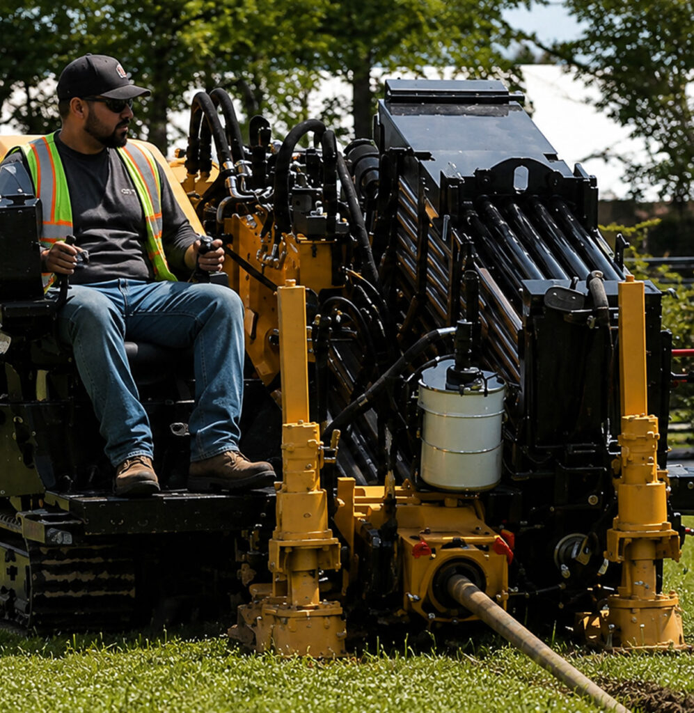 Directional boring equipment installing underground conduit near Colorado road